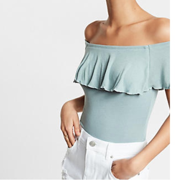 Express Tops - Express Off The Shoulder Ruffle Thong Bodysuit